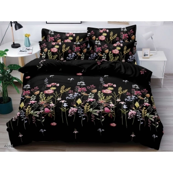 Pościel 200x220 bawełna satynowa czarna w kwiaty PK494